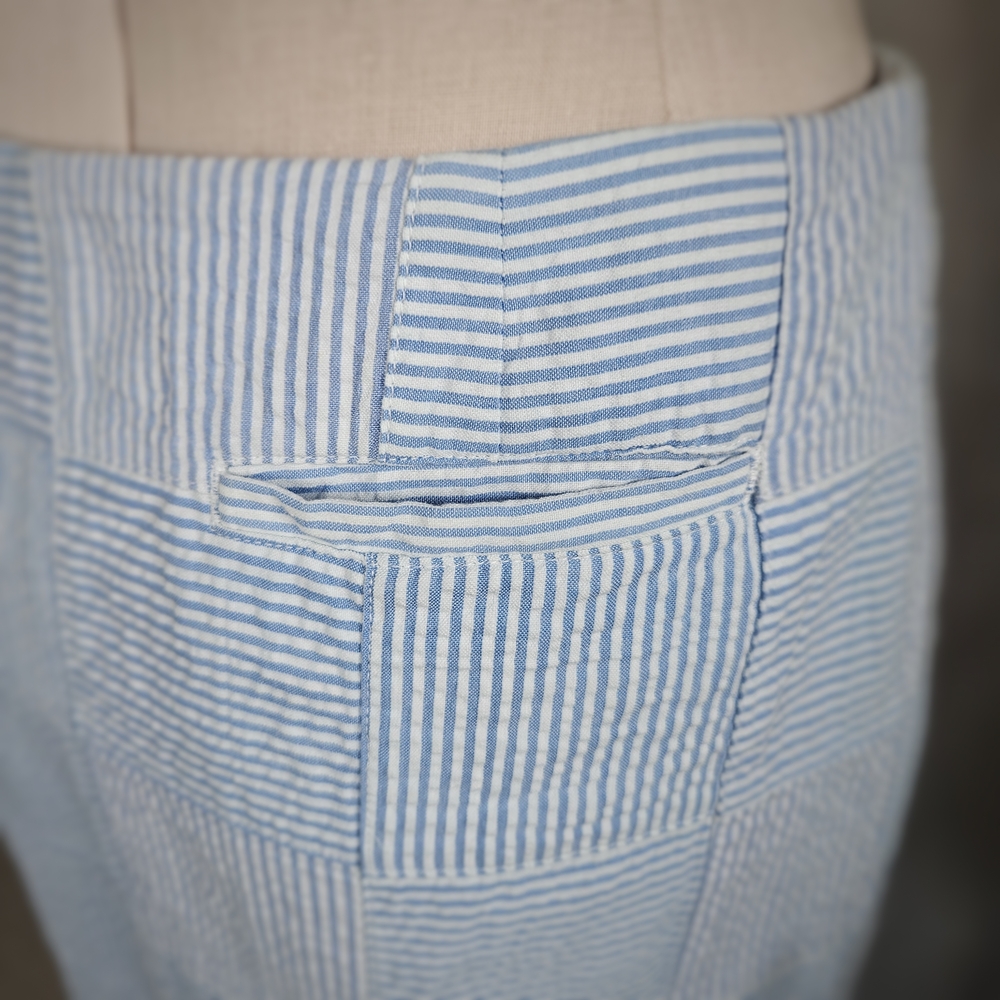 Striped Patchwork Light Blue Pencil Skirt Skort with Button Detail - Picture 5 of 10